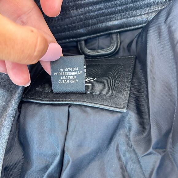 Mossimo Genuine Leather Belted Trench Coat Black Jacket Medium Y2K Buttons - Picture 10 of 10